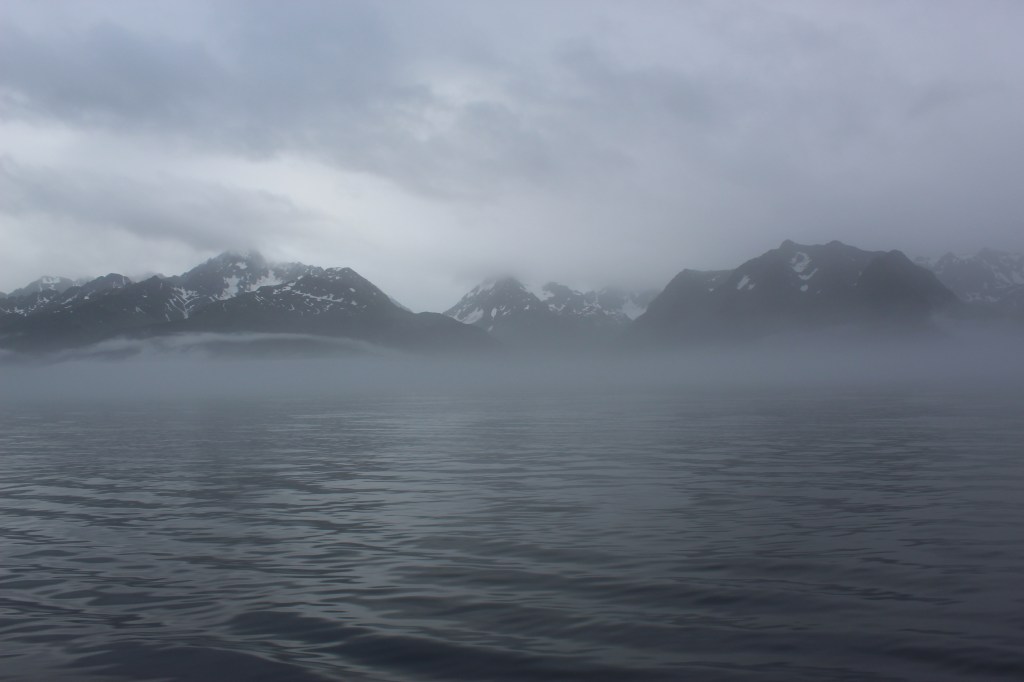 mountains along the fjord shrouded in mist